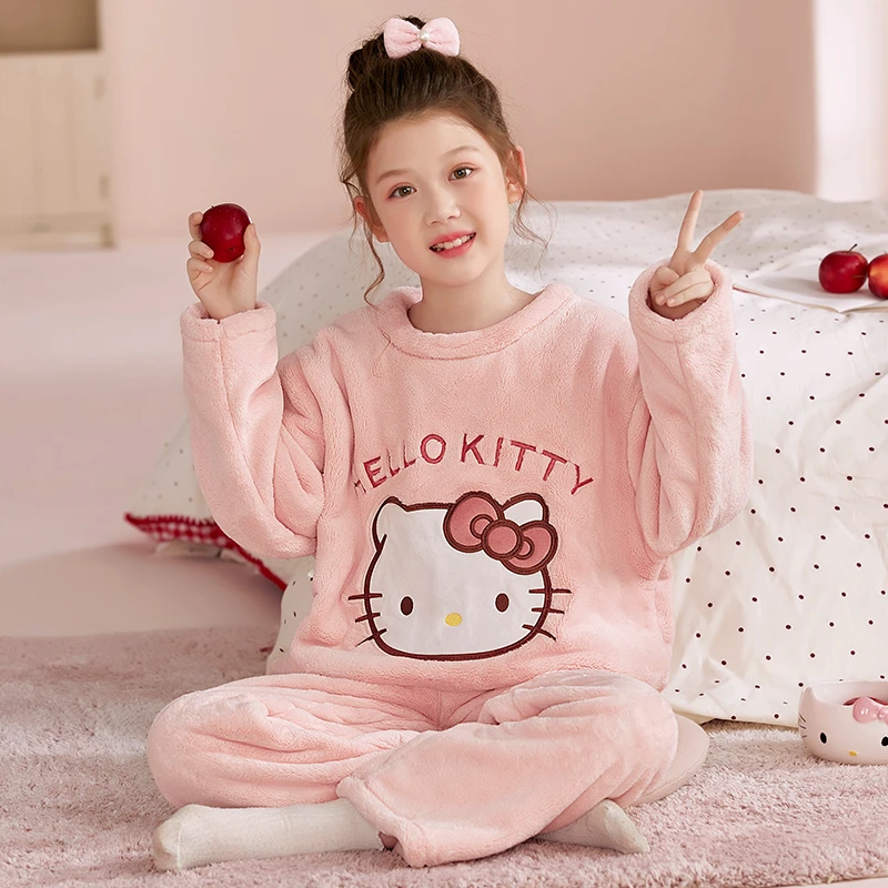 秋冬季新款女生睡衣保暖法兰绒家居服套装卡通女孩女童儿童母女款