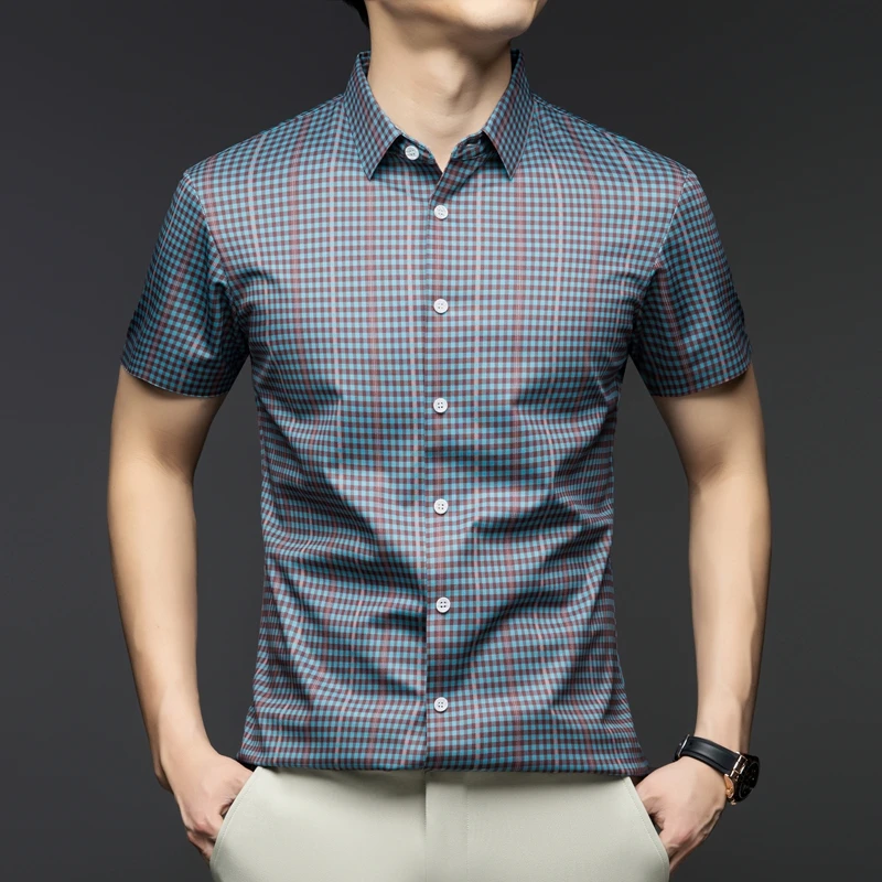 【奥莱撤柜·专柜直发】夏季高档桑蚕丝无痕衬衫男商务冰丝格子衬衣