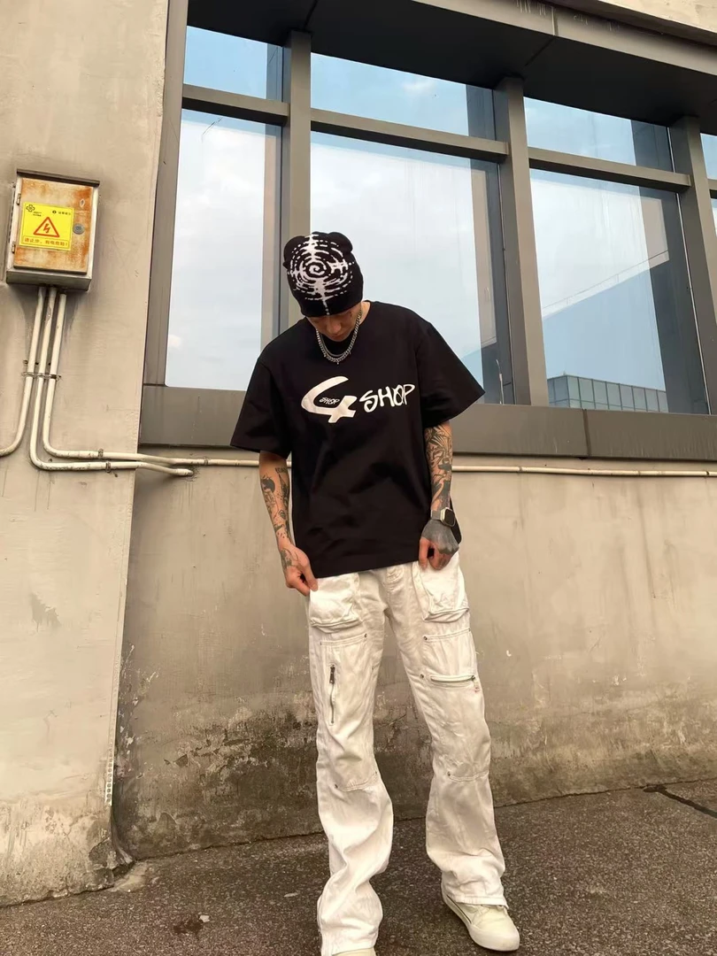 4shop经典基础黑白美式印花情侣短袖T恤夏季