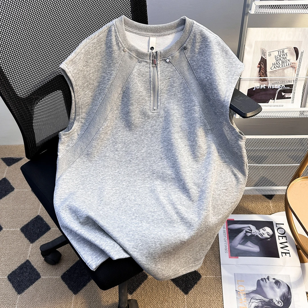 美式复古重磅解构高级感宽肩背心男夏季休闲痞帅上衣拉链领口短袖