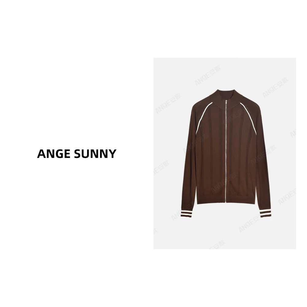 ANGE SUNNY【徽标拉链针织衫】字母刺绣立领白线条针织衫