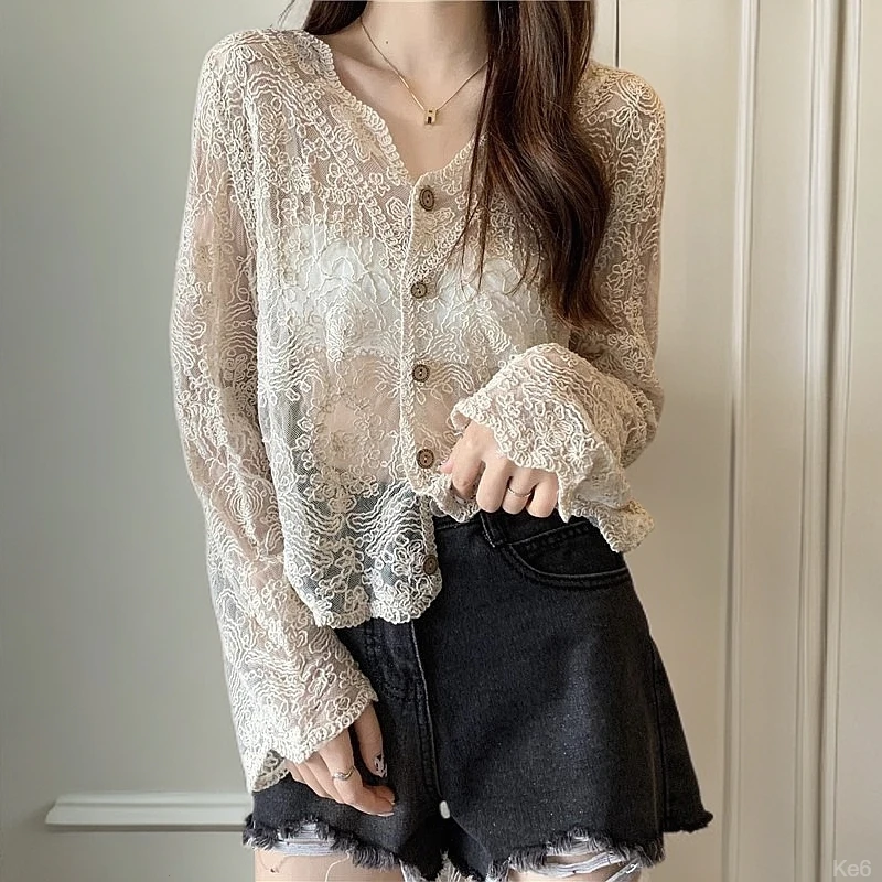 韩系超仙防晒衣女新款2025夏季宽松网纱高级感罩衫蕾丝披肩小外套