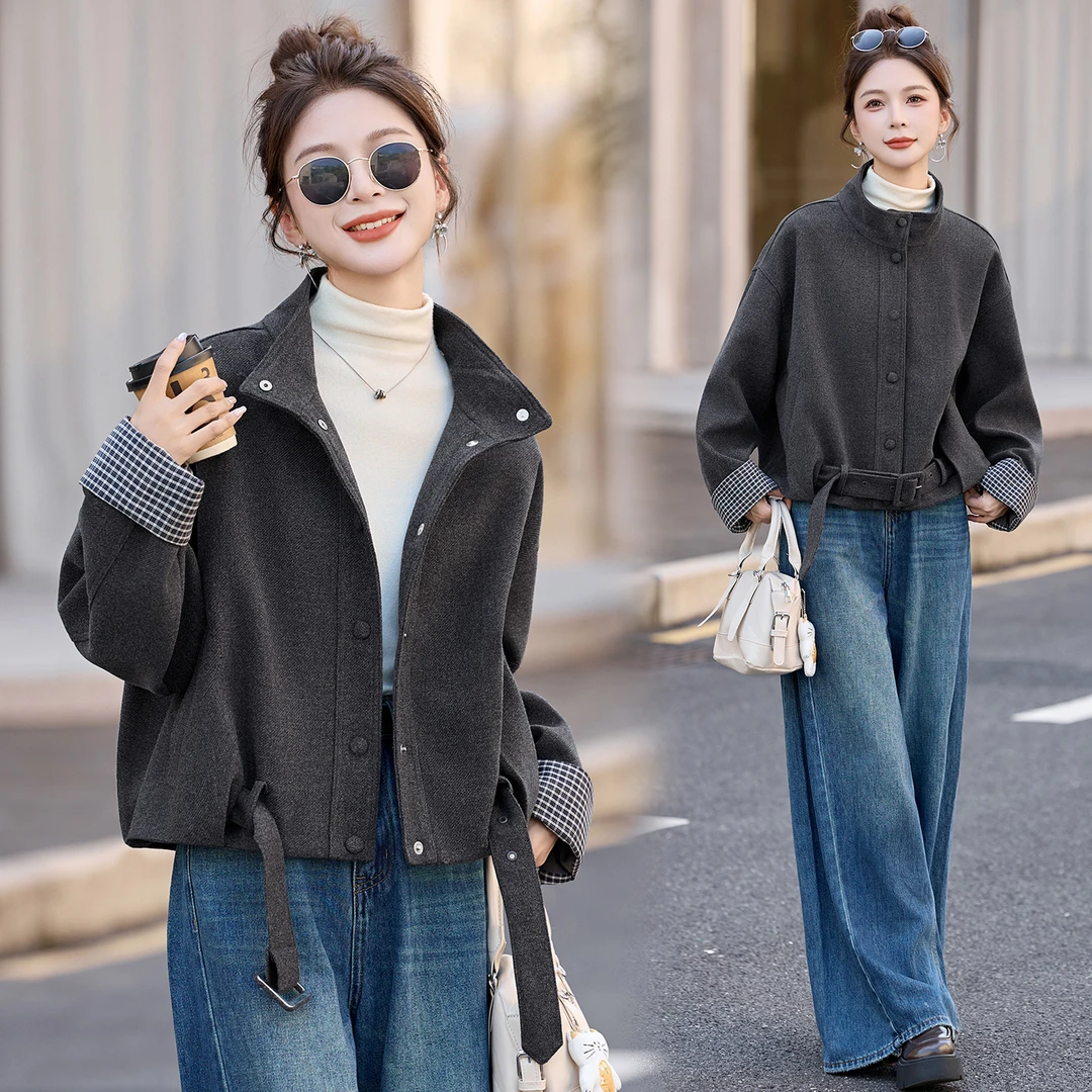 休闲时尚格纹拼接立领外套女2025春秋新款设计感宽松百搭短款上衣