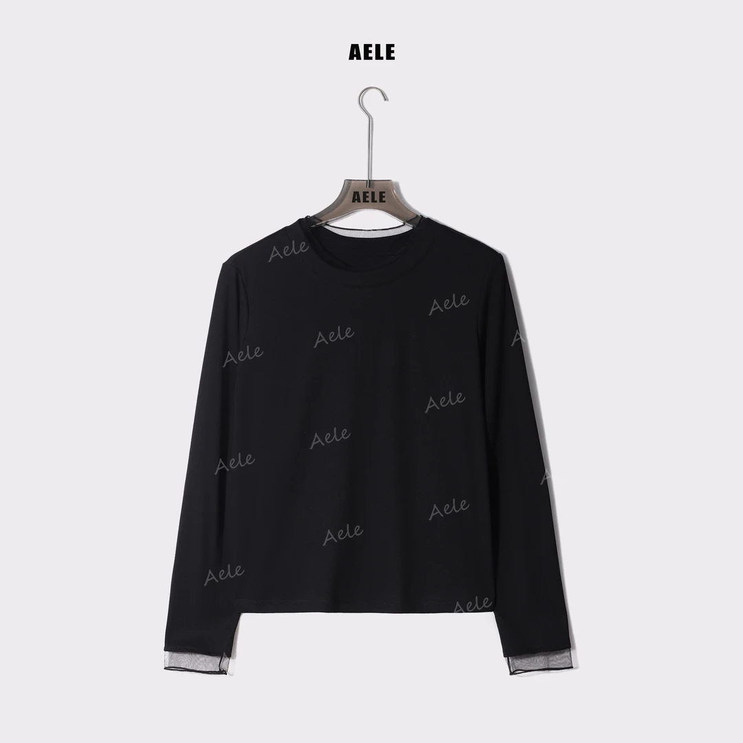 AELE拼接蕾丝领长袖纯色打底T恤 时尚百搭松弛感 T853 2351 AD