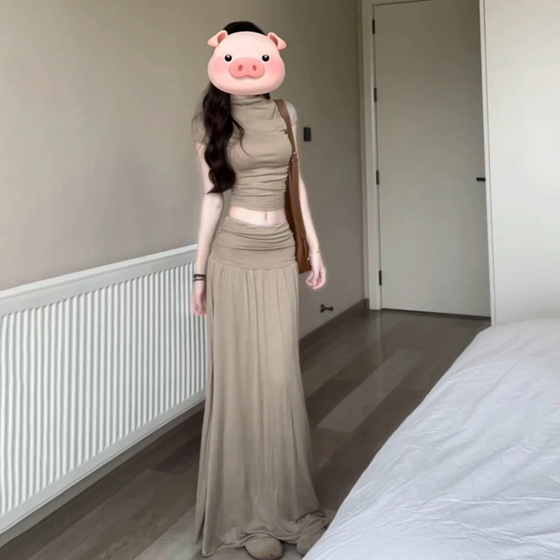 法式休闲套装气质半高领短袖修身T恤上衣女显瘦长裙子两件套3487