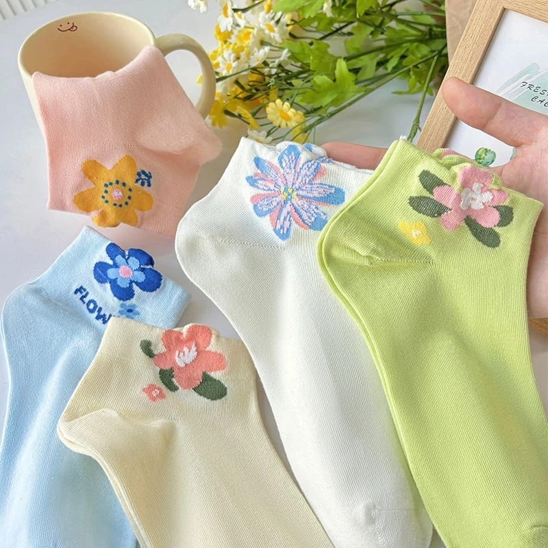 立体花朵袜可爱透气吸汗短筒袜袜子女春夏季百搭郁金香纯色甜美袜