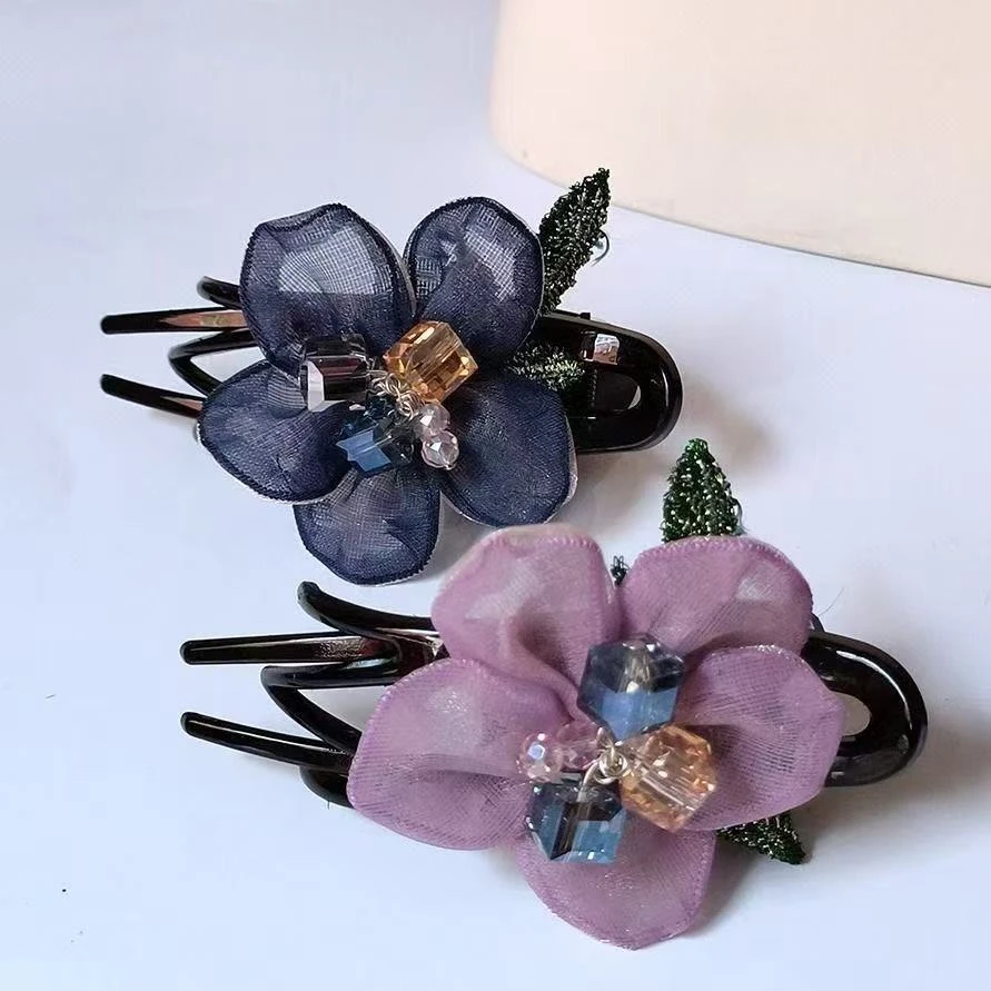 新款鸭嘴夹花朵优雅头饰后脑勺绢纱饰品盘发卡妈妈气质发夹