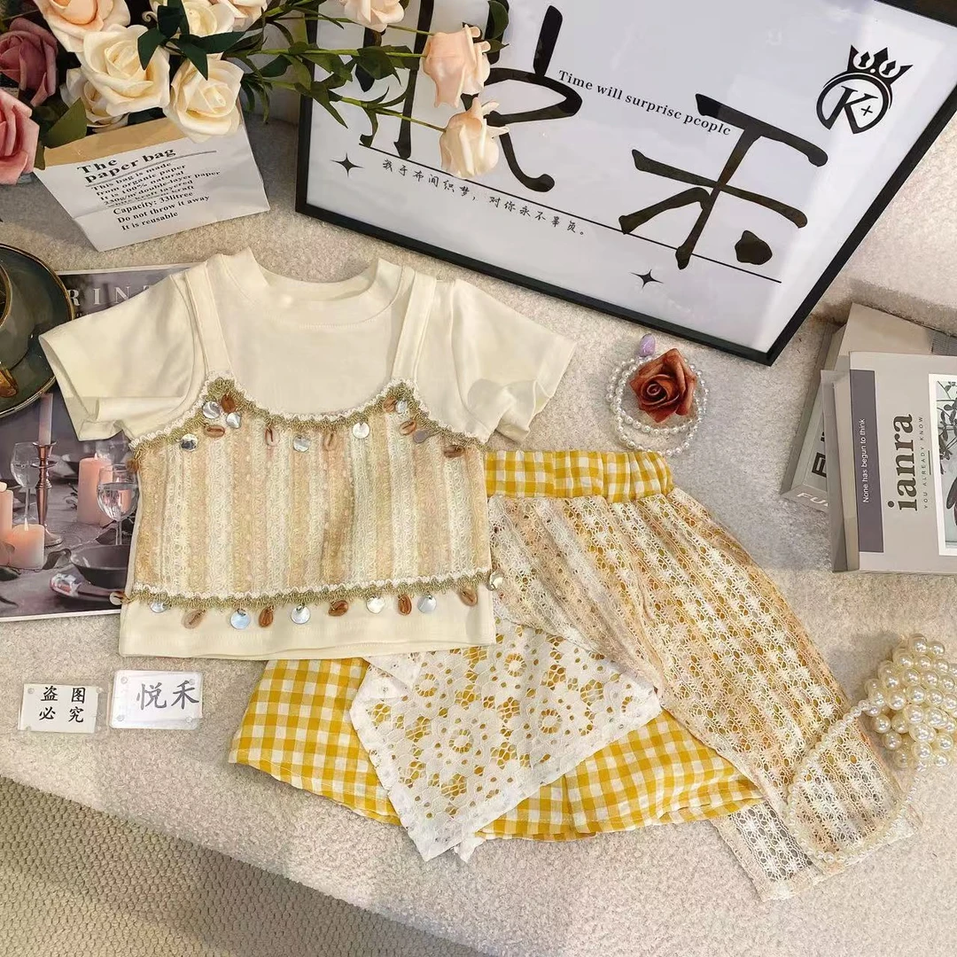 M儿童夏季碎花洋气套装短袖女童格子不规则时尚半身裙8835