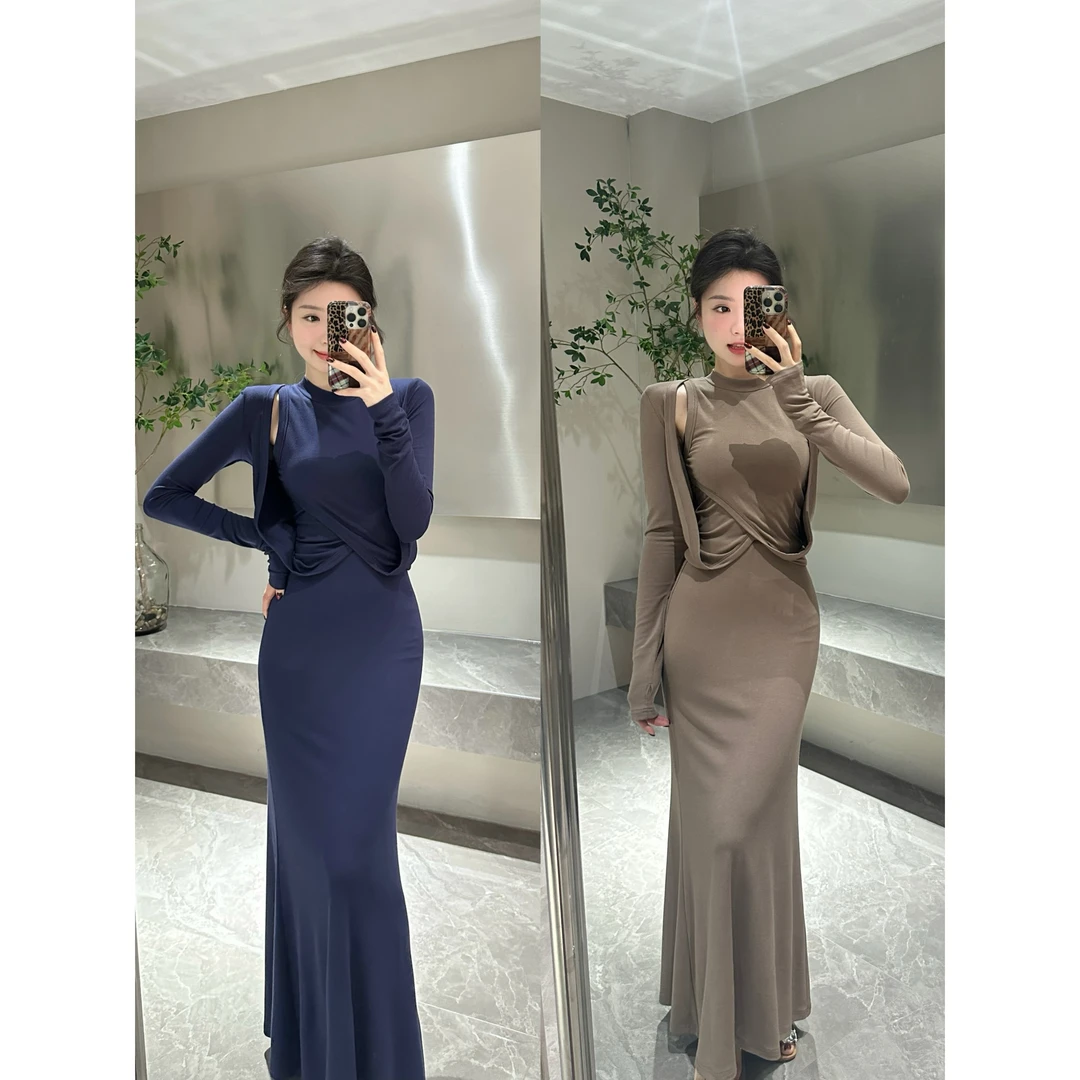 【颂宋】2025春季新款时尚修身长袖上衣气质鱼尾半身裙套装DT1092