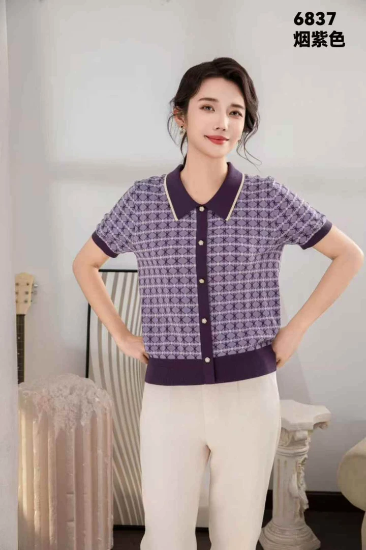 小香风POLO领高级感紫色针织衫新款千鸟格宽松中年女装休闲针织衫