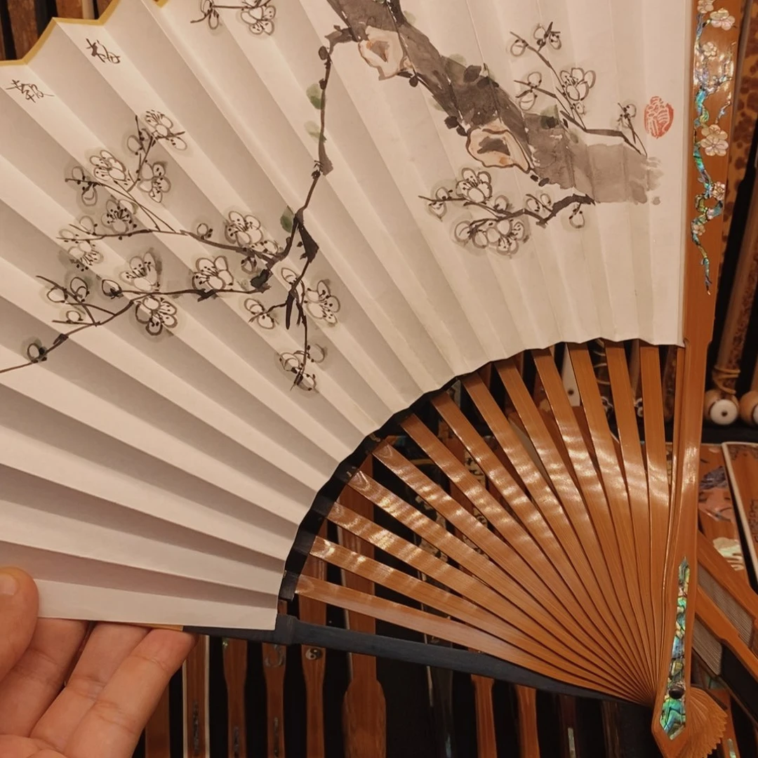 扇子《梅花》老玉竹三合青螺钿