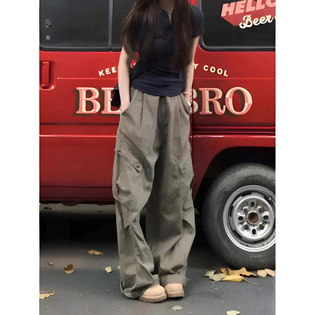 美式街头风复古修身显瘦薄款短袖T恤女宽松多口袋机车工装裤套装