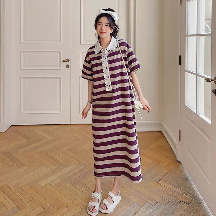 2025夏新款/长款大码条纹拼色设计感花边POLO领短袖连衣裙