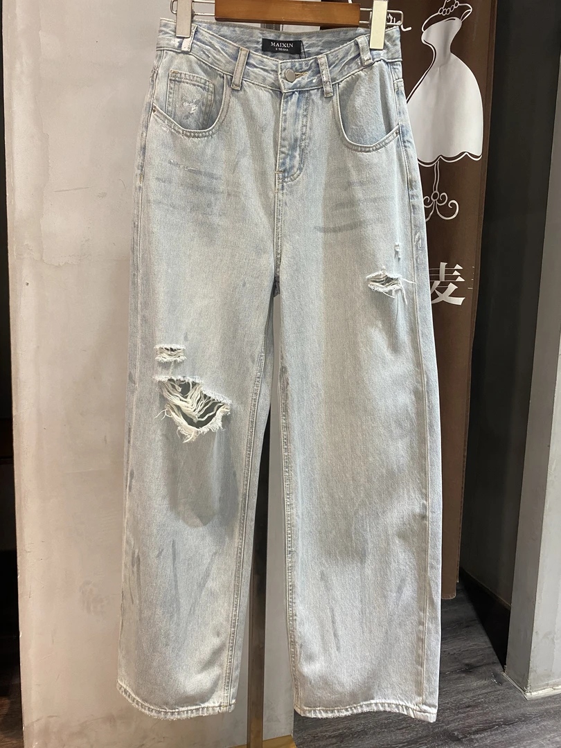 女士夏季超薄破洞直筒阔腿牛仔裤梨形身材慵懒风痞帅炸街