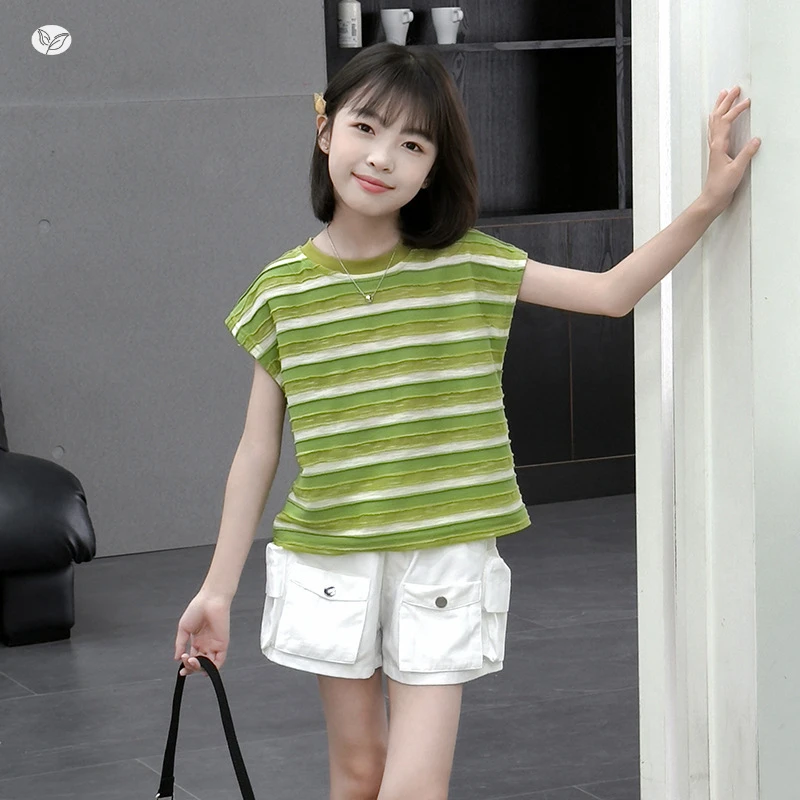 球服童装无袖套装2025新款外穿坎肩短袖工装洋气两件套中大童时尚