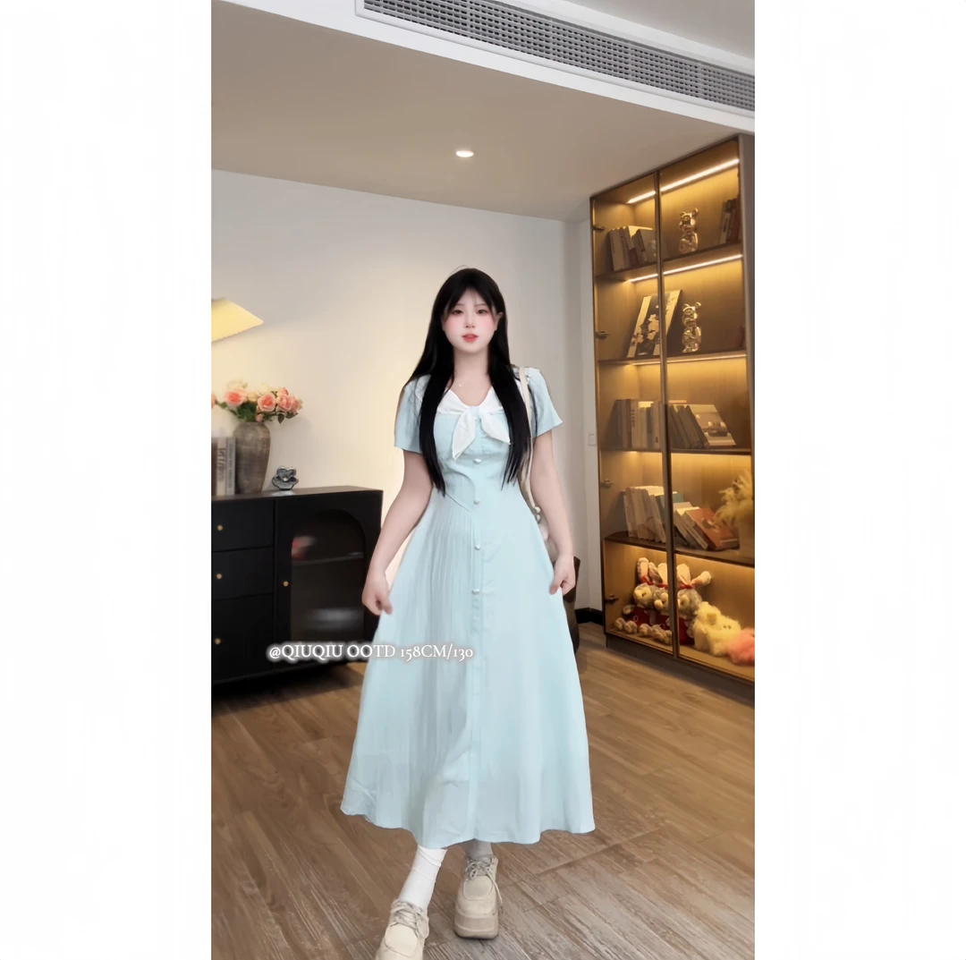 【晴空蝶语】9780 胖mm夏季新款清新甜美风连衣裙大码收腰A字裙