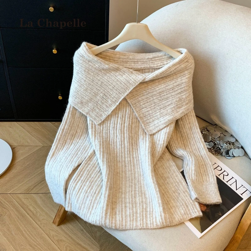 拉夏贝尔秋冬韩系氛围感慵懒穿搭独特松弛感紫色一字肩针织毛衣女