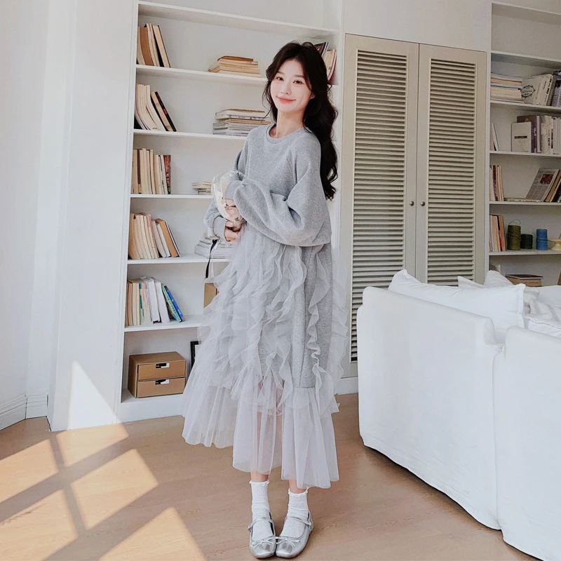 网纱拼接卫衣裙女2025早春新款可盐可甜韩系温柔风百搭显瘦连衣裙