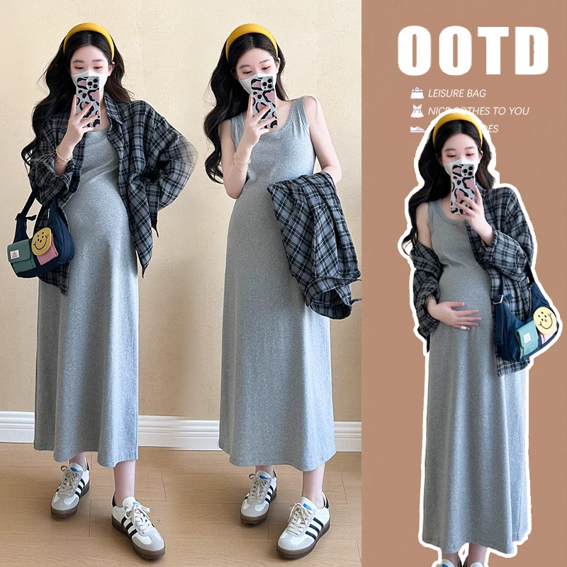 大码孕妇装2025新款春季连衣裙格子衬衫外搭两件套显瘦春秋200斤