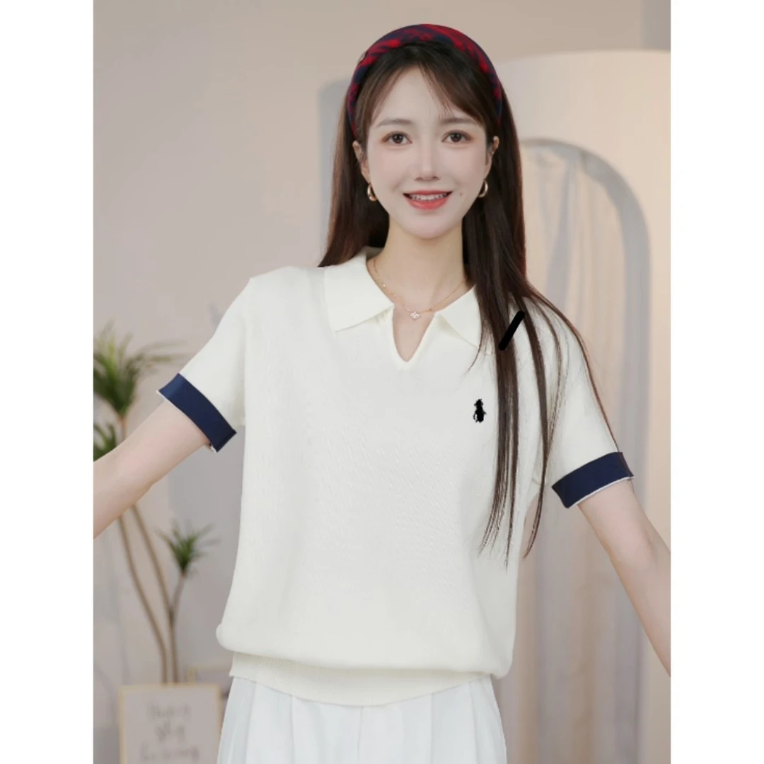 简约撞色小V领短袖针织衫女夏季新薄款时尚显瘦休闲洋气减龄上衣