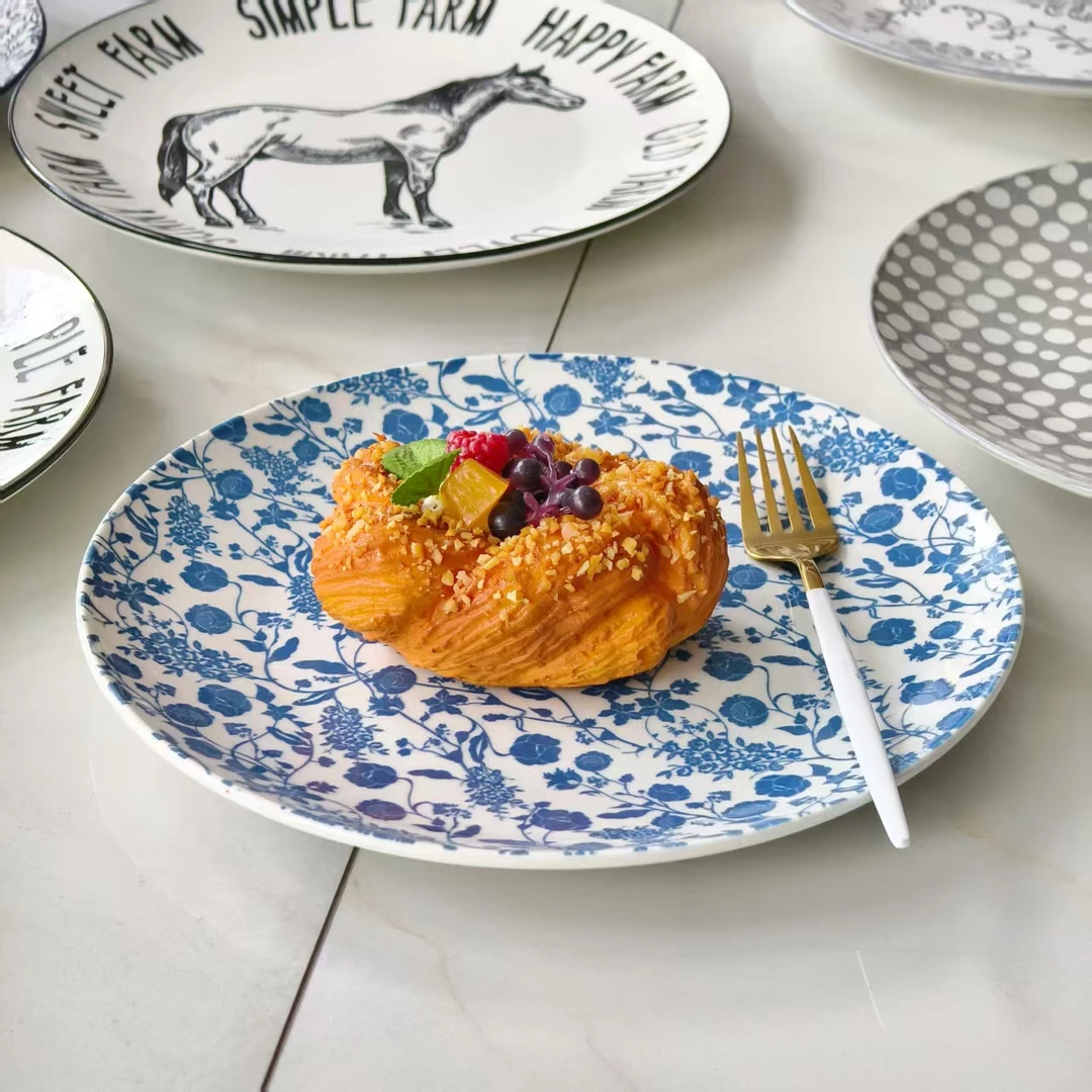 10.5英寸平盘大号复古家用陶瓷餐盘牛排盘盘子2只装花色随机发