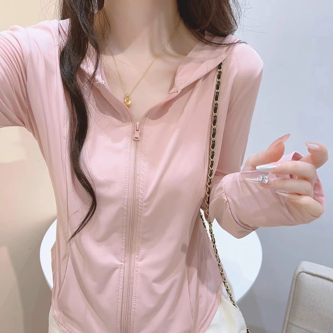 冰丝原纱修身防晒服外套女夏季薄款透气连帽长袖指洞拉链户外上衣