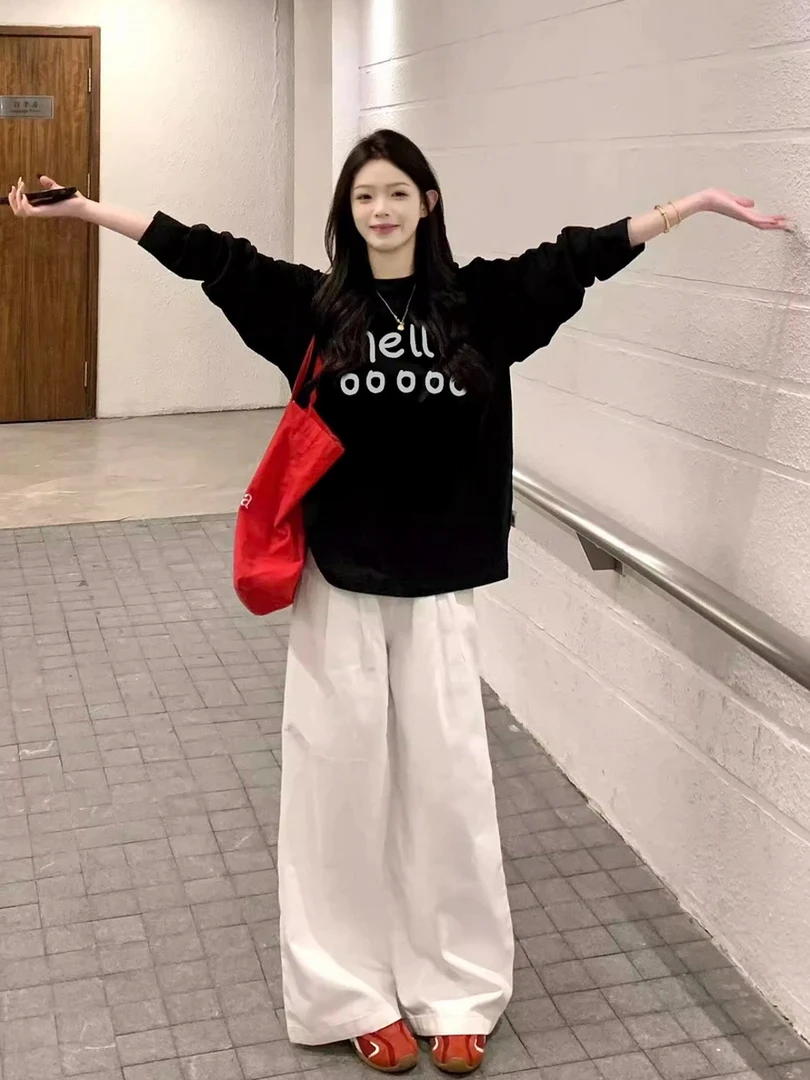 100%纯棉长袖T恤女春秋宽松痞帅炸街风女装圆领休闲印花早秋上衣