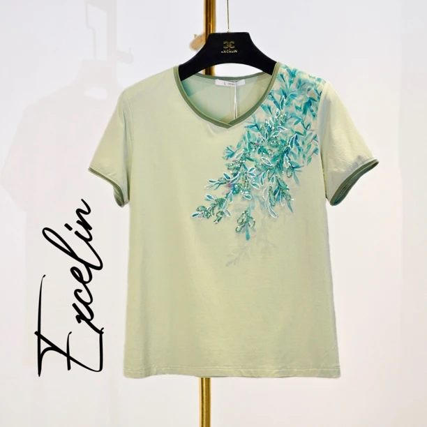 【浅绿树叶刺绣短袖圆领】36036L夏季薄款显瘦减龄短袖T恤女上衣