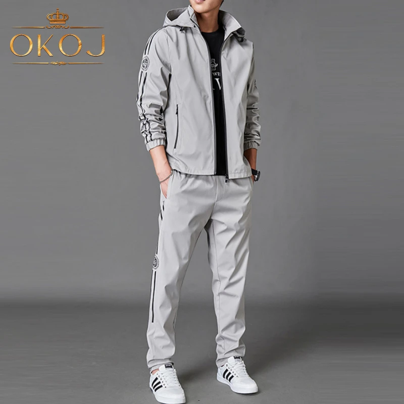 OKOJ运动套装男士春秋季新款连帽夹克外套户外宽松大码休闲两件套