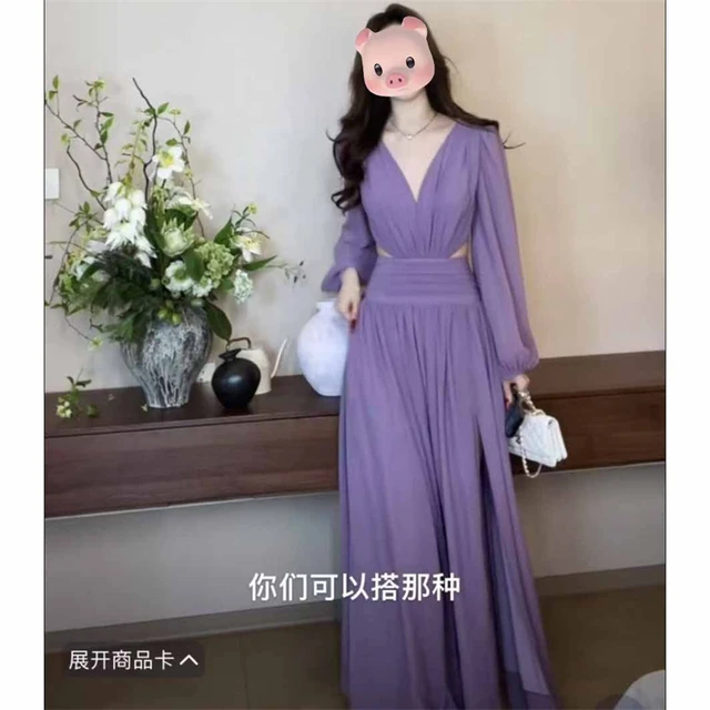 法式御姐露腰紫色连衣裙女2025春季高级新款长裙海边度假风裙子潮