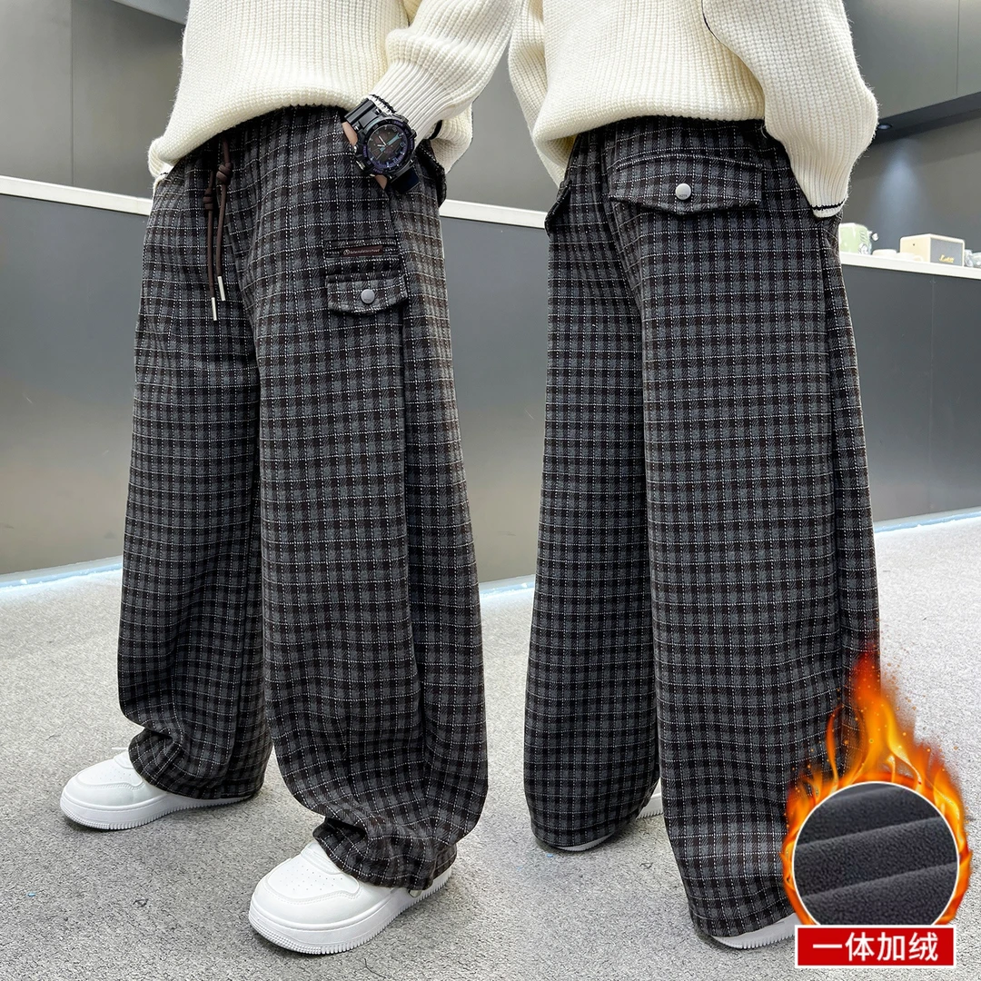 男童加绒裤子秋冬款2025新款儿童冬季一体运动格子裤大男孩冬装