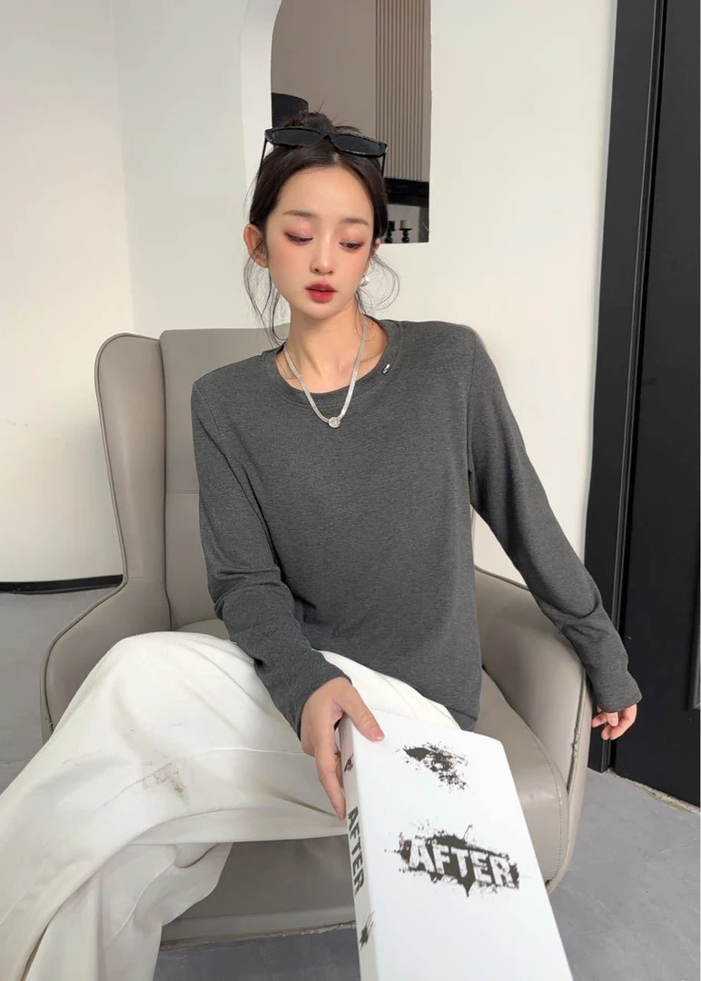 高端欧货新款圆领软糯宽松显瘦气质打底衫长袖T恤上衣女