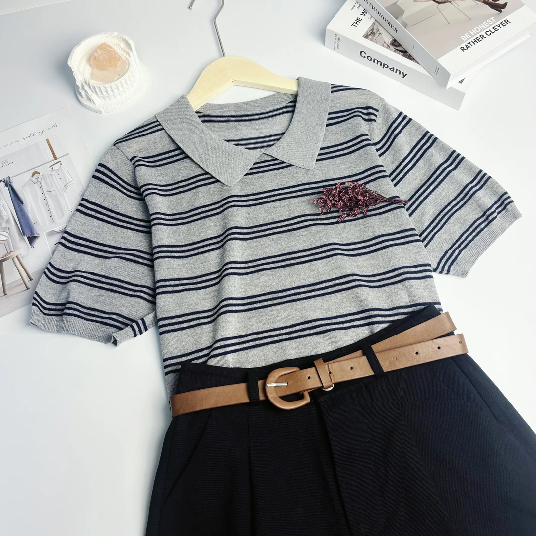 玲姐定制-翻领Polo领撞色条纹款字母款薄微透针织短袖163021