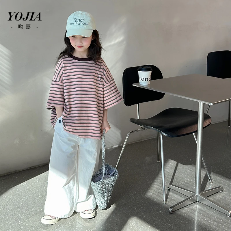 YOJIA女童条纹T恤春装2025新款洋气百搭童装体恤儿童短袖上衣春夏