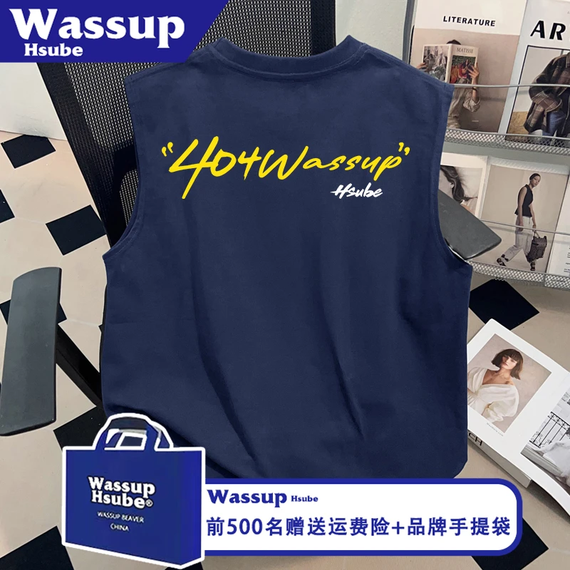 WASSUP HSUBE夏季设计字母印花纯棉上衣男女T恤藏青凉感无袖背心