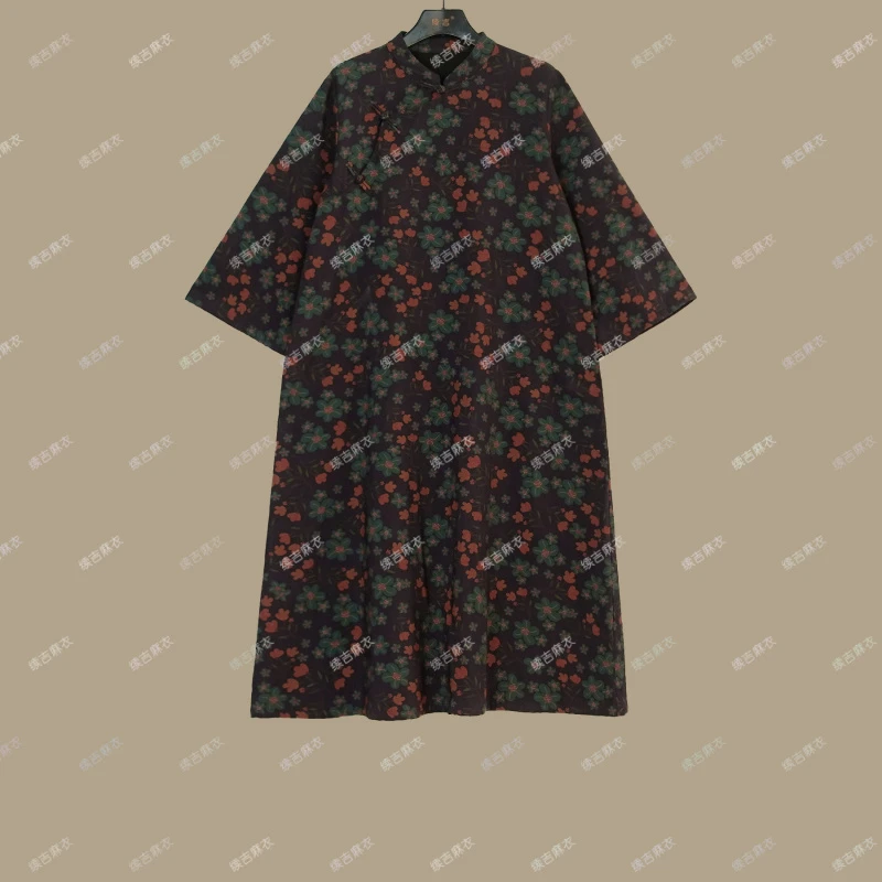 春-原创设计24-2169【西瑶绛紫】25年春款薄绒碎花宽松国风旗袍