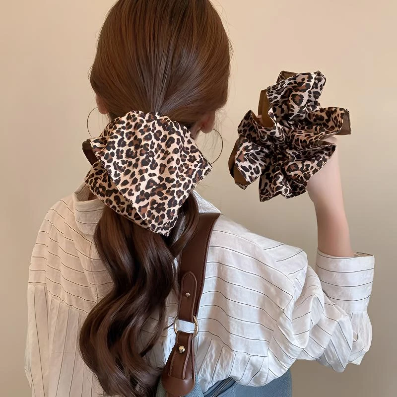 气质咖色豹纹双层大肠发圈女高级感韩系复古低丸子头简单扎法头绳