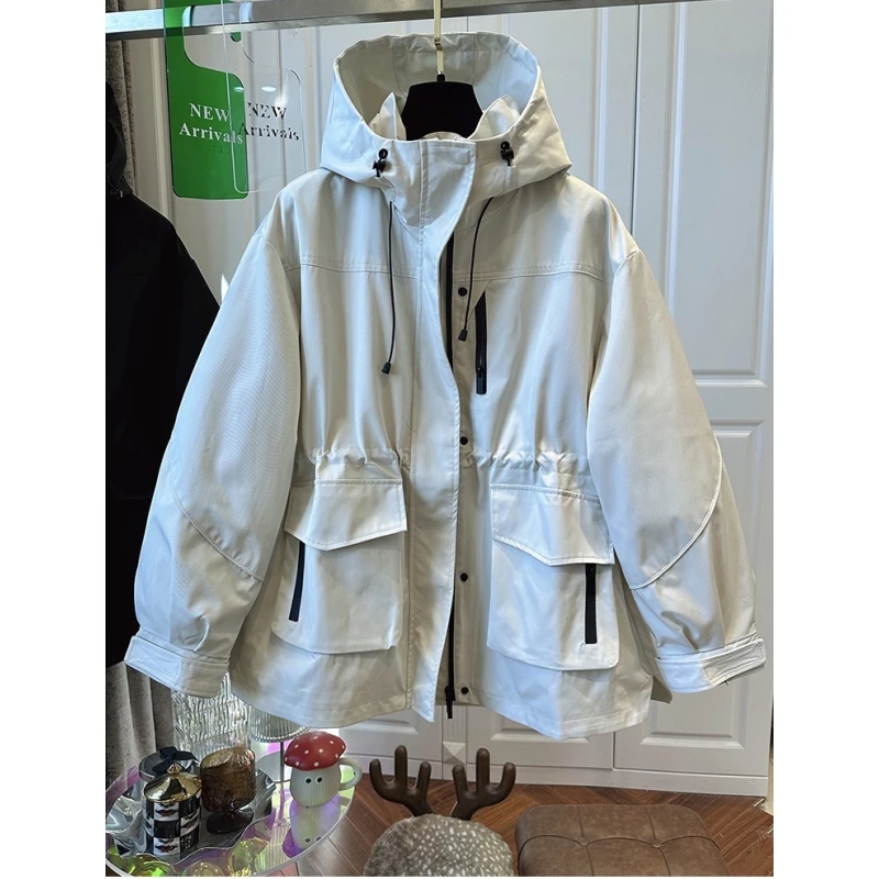 欧洲站收腰连帽米白色工装外套女上衣运动风衣外套早春款2025