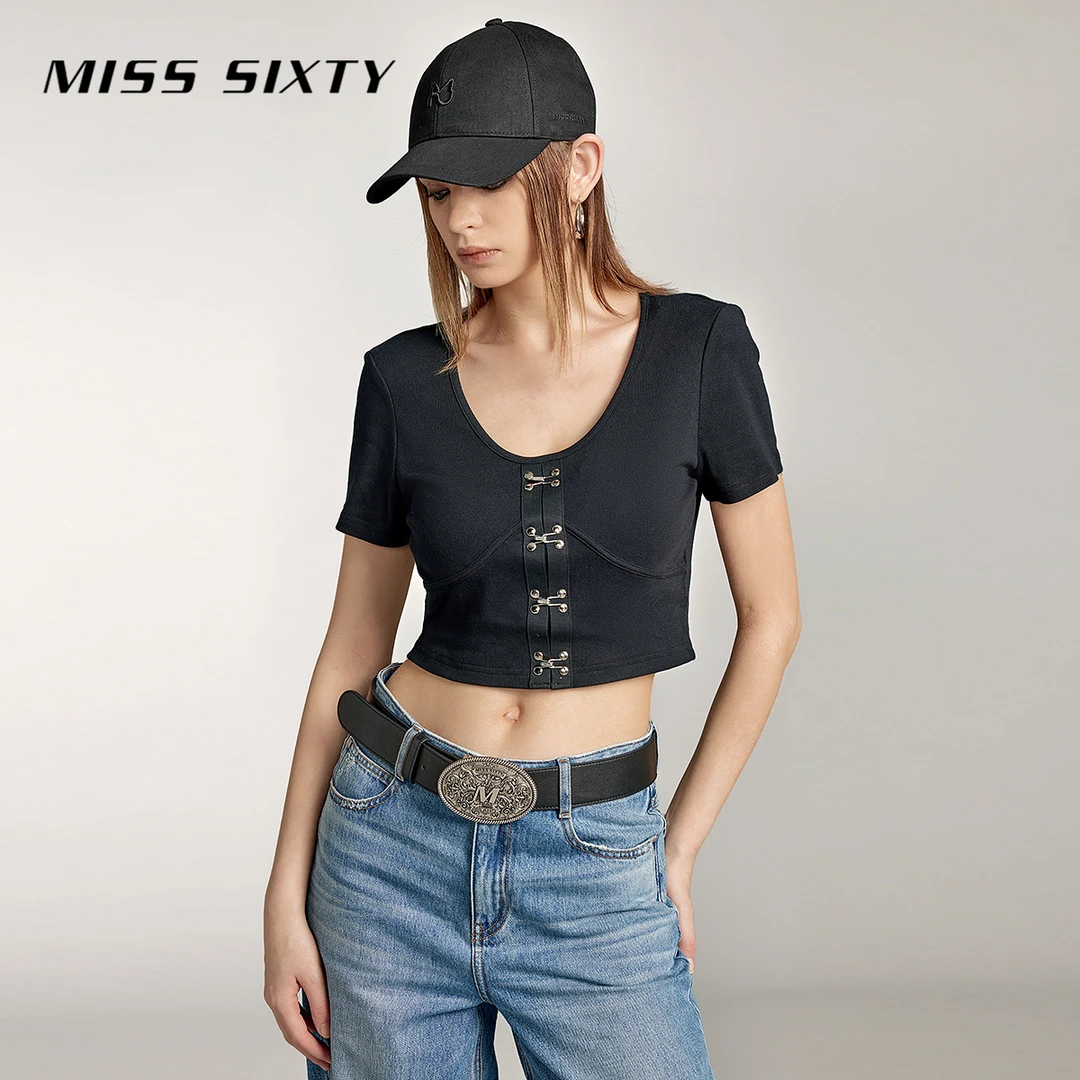 Miss Sixty2023夏季T恤女U领弹力修身短袖搭扣设计甜辣风上衣