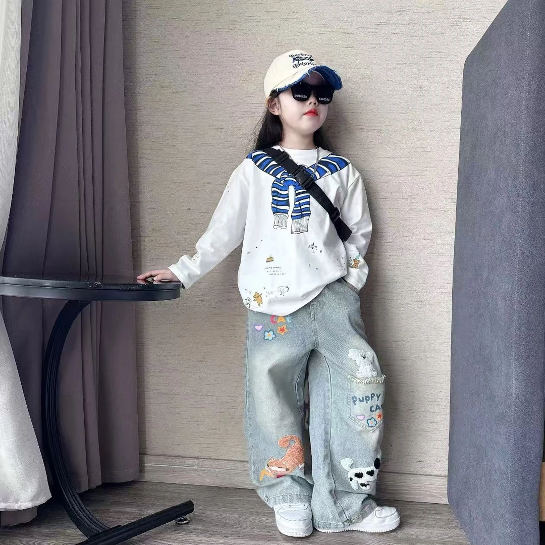 女童春秋学院风披肩印花宽松卫衣设计感毛巾绣牛仔阔腿裤休闲套装