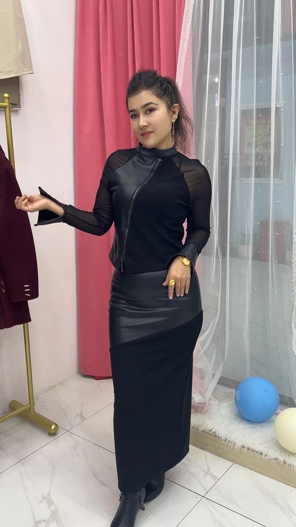 0214高级拼接皮裙新款秋季款时尚百搭