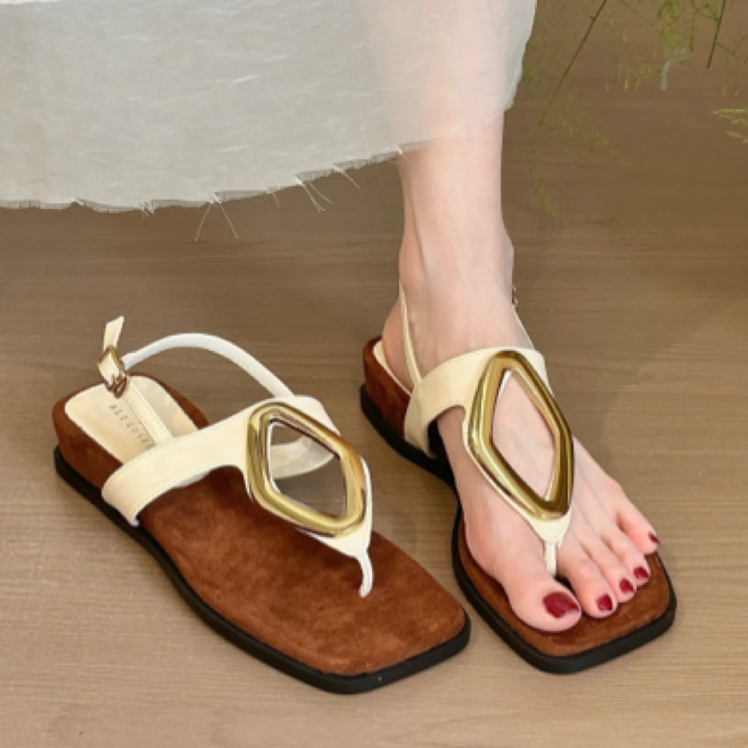 AR-4321-6法式复古风金属方扣坡跟休闲夹脚拖鞋夏季外穿夹趾凉拖