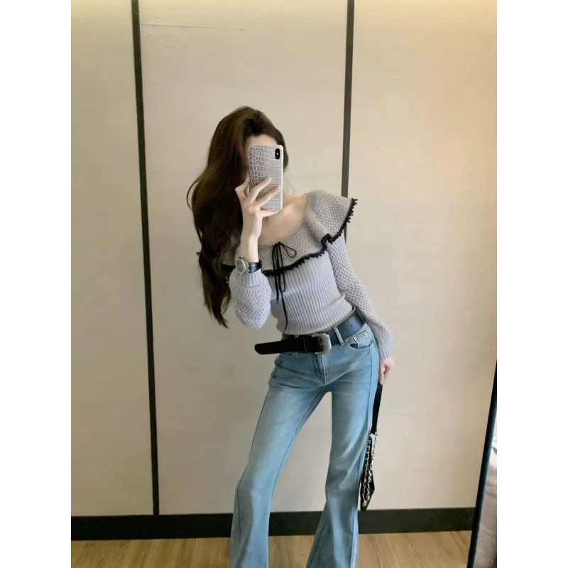 法式荷叶边圆领针织衫秋冬高级感修身打底衫复古微喇牛仔裤两件套