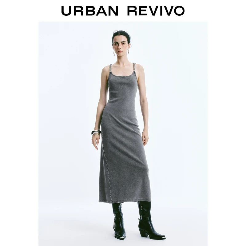 UR2025夏季新款女装休闲链条装饰后开衩吊带连衣裙UWJ750037