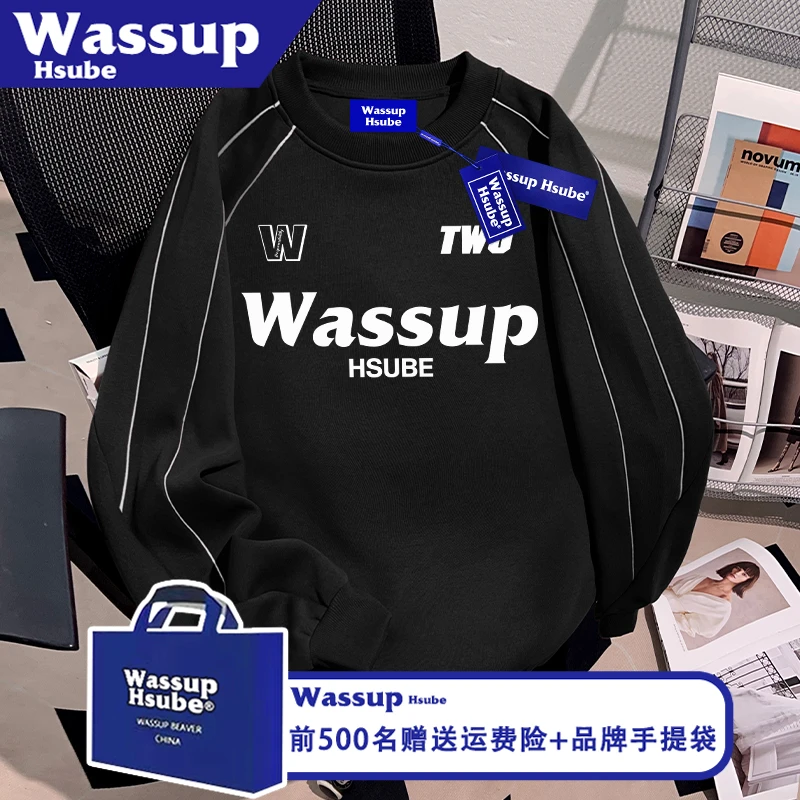 WASSUP HSUBE秋冬重磅创意字母印花男女同款卫衣加绒黑色潮牌上衣