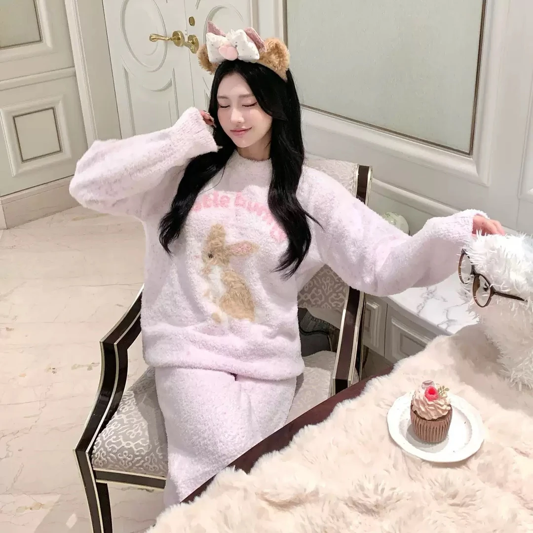 软绵绵睡衣女秋冬季加绒加厚简约可外穿家居服套装