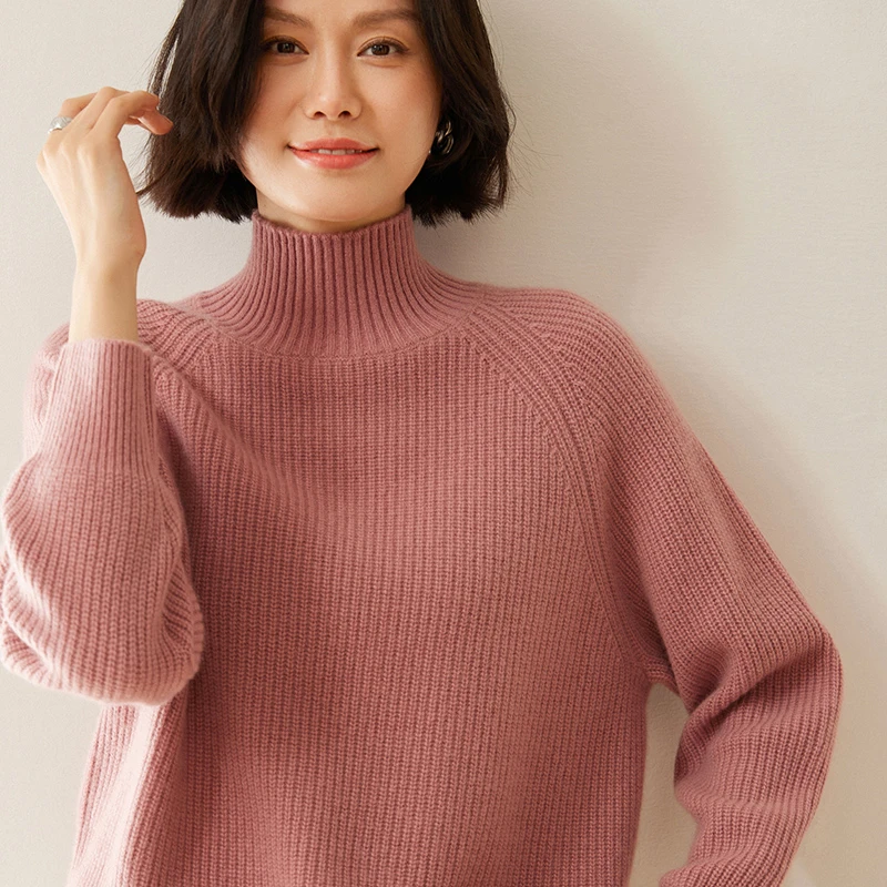 100%纯山羊绒七针元宝针加厚半高领宽松大码针织衫