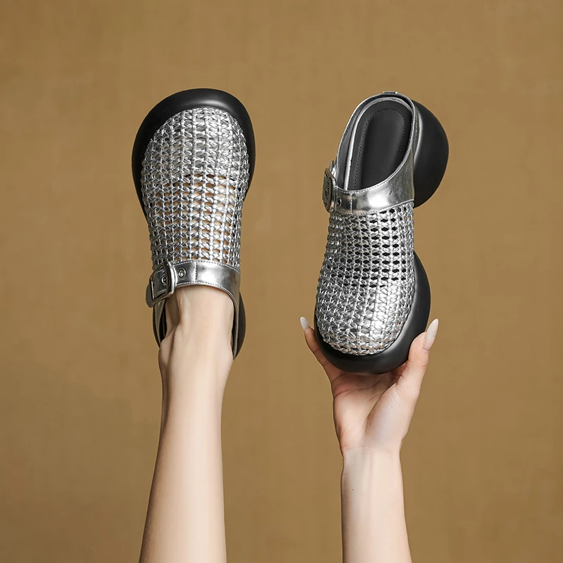 牛皮 6cm 增高一脚蹬夏季凉鞋33-40减龄时尚百搭真皮编制包头凉鞋