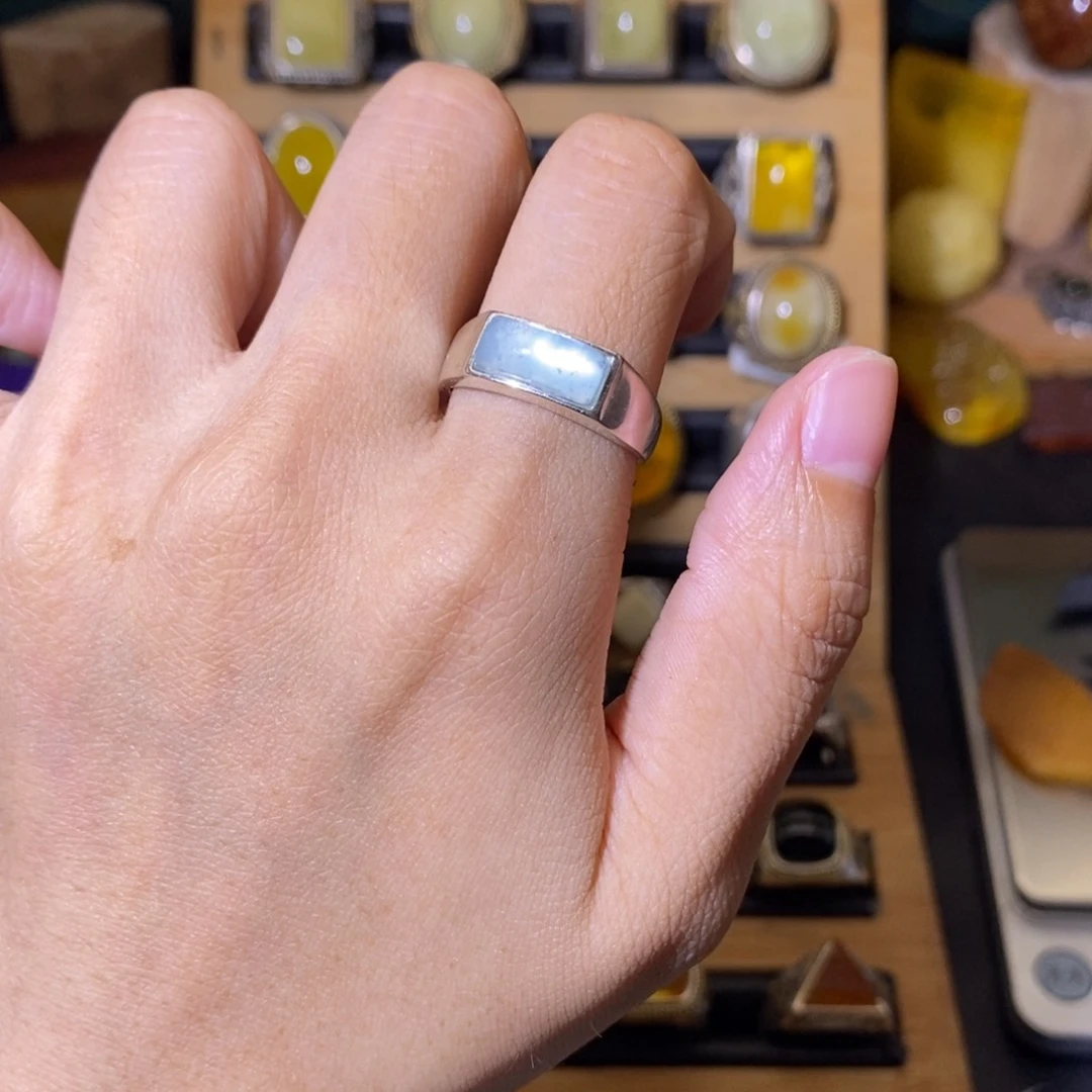 蛇纹石玉银S925镶嵌戒指W*@