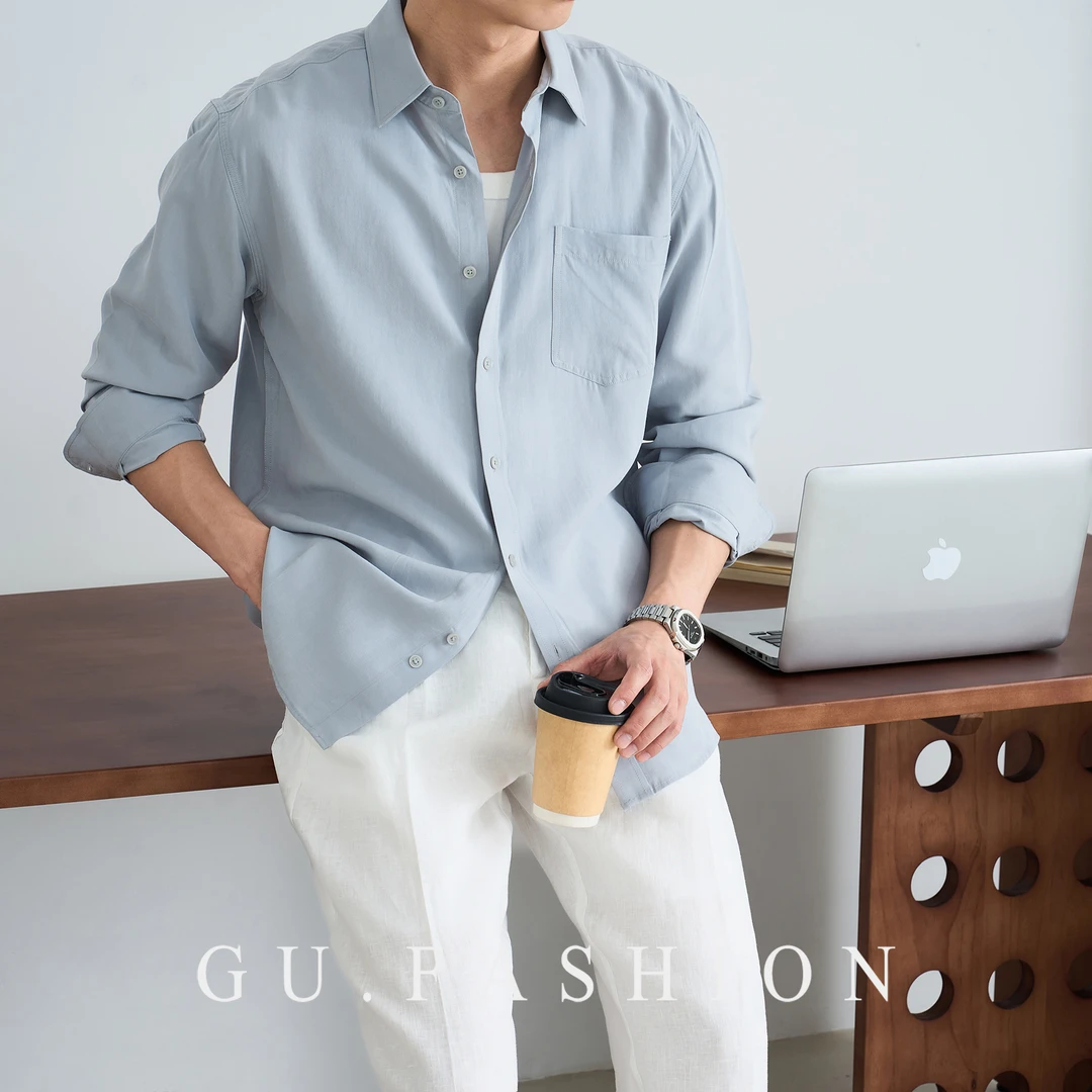 【100%莱赛尔】意式老钱风通勤尖领长袖衬衫免烫商务休闲男士衬衣